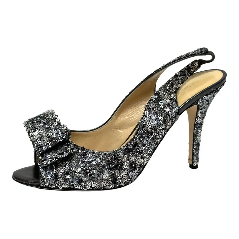 KATE SPADE Charm Micro Sequin Silver Slingback Pumps Heels Peep Toe Bow 8